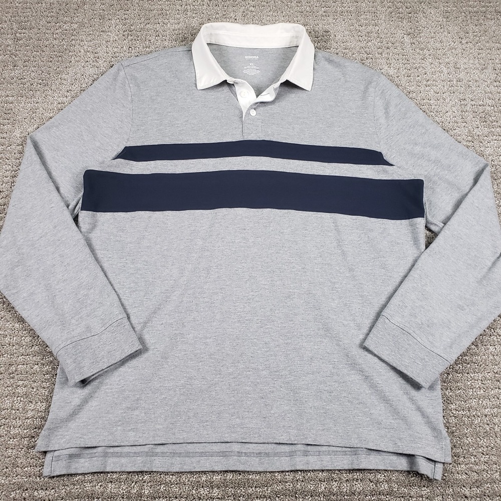 Sonoma Rugby Shirt Mens XL Gray Navy Blue Heavy Cotton Polo Y2K Preppy